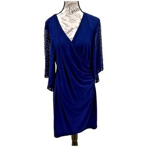 MSK Women's Wrap Style Stretch Blue‎ Dress Rhinestone Sheer 3/4 Sleeve Large
